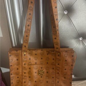 MCM Cognac Monogrammed Visetos Tote with Gold Hardware